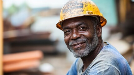 A smiling male construction worker wearing a yellow hard hat poses proudly at his job site, showcasing dedication, experience, and a positive attitude in a manual labor environment.