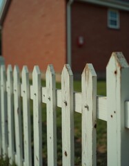 A white picket fence in front of a red house