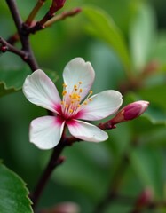 Fototapeta premium A white and pink flower on a tree branch