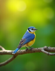 Obraz premium A small blue and yellow bird sitting on a branch