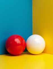 Two red and white balls sitting next to each other on a yellow and blue surface