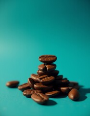A pile of coffee beans on a blue surface