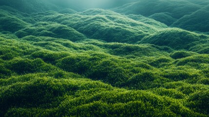 Beneath gentle sunlight, a serene expanse of lush green mounds unfolds like waves, creating a vibrant landscape alive with the essence of nature. Tranquility reigns in this peaceful haven