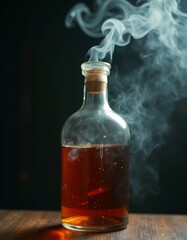 A bottle of whiskey with smoke coming out of it
