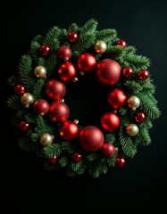 A wreath of red and gold ornaments on a black background