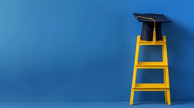 Graduation cap on yellow ladder, blue wall, success concept