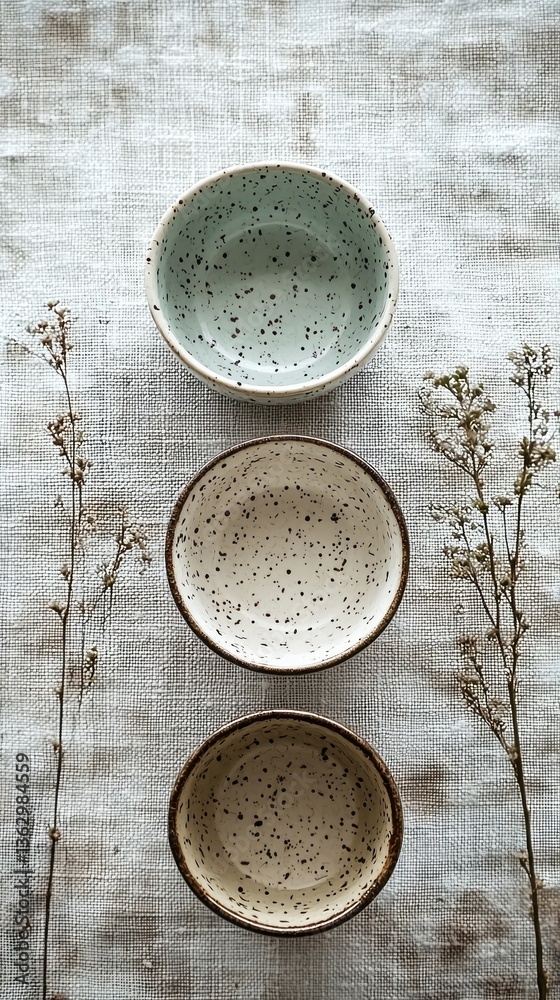 Poster A collection of three uniquely textured bowls rests atop a light-colored linen surface, accompanied by delicate dried flowers, creating a calming and artistic atmosphere
