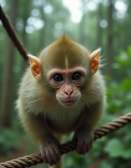 Fototapeta premium A small monkey sitting on a rope in the woods