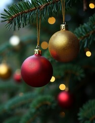 Fototapeta premium Two red and gold ornaments hanging from a christmas tree