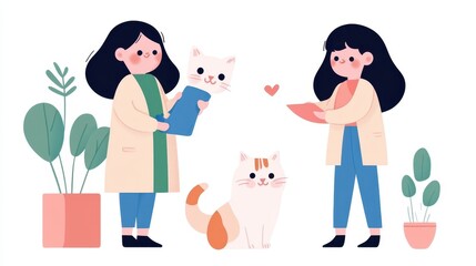 Veterinarians providing postnatal care advice about a cat to a pet owner in a cheerful, colorful illustration