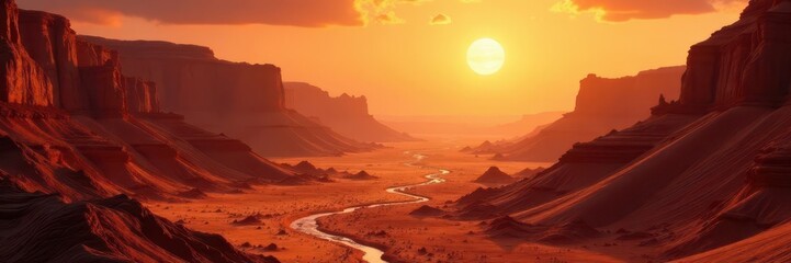 Naklejka premium Crystal canyons, twin suns, orange-hued dust, high-res , extraterrestrial, dust storm, otherworldly