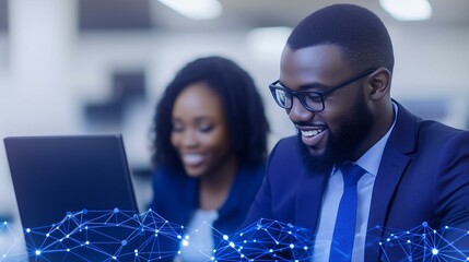 Professional team collaborating on a project with advanced technology and network connections