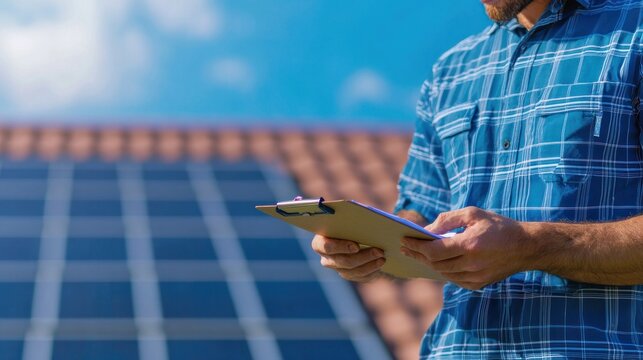 Residential roof inspection report solar panels in bright daylight with sustainability focus