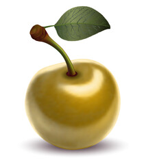 one beautiful yellow glossy cherry on white background