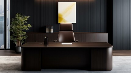 Modern Executive Office with Dark Wood Desk and Chair Featuring Minimalist Design and Large Window