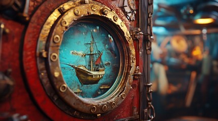 Obraz premium Ornate steampunk porthole with ship image.
