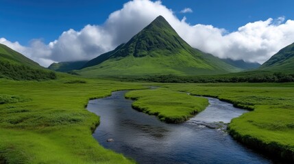 Fototapeta na wymiar Lush valley with a winding river and a peaked mountain under a vibrant blue sky