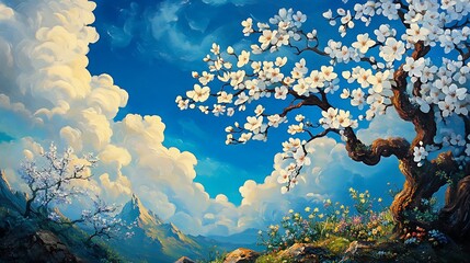 Fototapeta premium Vibrant Springtime Digital Painting: Blossoming Tree Under a Sunny Sky AI Generated