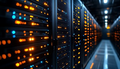 Rows of computer servers with glowing lights in a dark room