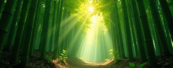 Sunbeams pierce dense bamboo grove, creating ethereal light shafts , wallpaper, zen
