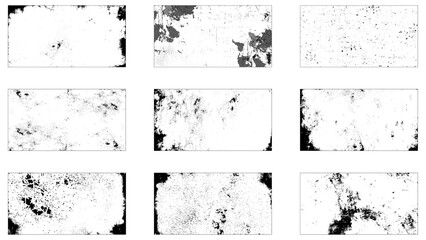 Grunge frame border texture on isolate background. Set of different distressed black grain texture. Distress overlay vector textures. 
