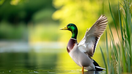 Obraz premium Male Mallard Duck in Shallow Water with Spread Wings