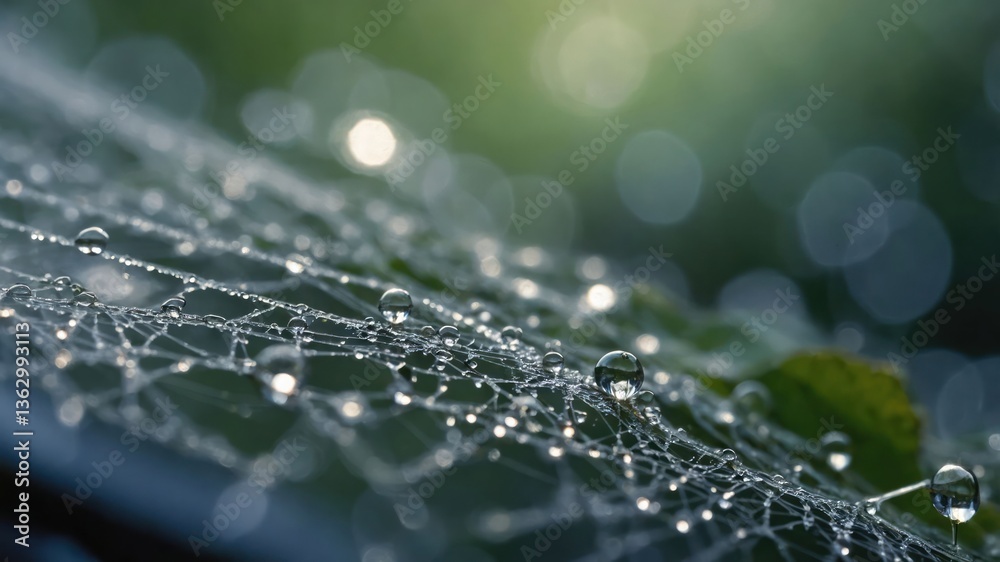 Wall mural close-up of a leaf covered in dew drops, showcasing intricate web patterns.