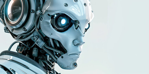Robot portrait close up cyborg technology AI machinery futuristic innovation intelligence mechanical science.