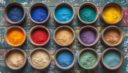 Vibrant eco-friendly holi celebration featuring organic colors in clay pots. concept of traditional festival, gulal powder, sustainability