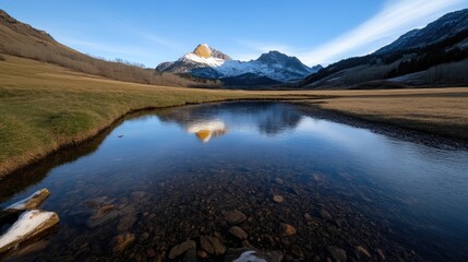Mountain reflection in tranquil alpine pool