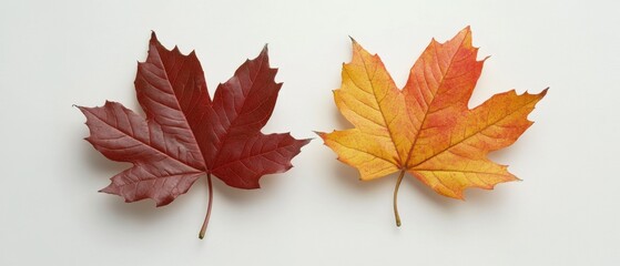 Fototapeta premium Two Maple Leaves in Autumn Colors Red and Yellow on a White Background Flat Lay Studio Shot Minimalist Style Seasonal Change