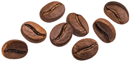 Falling coffee beans isolated on white background