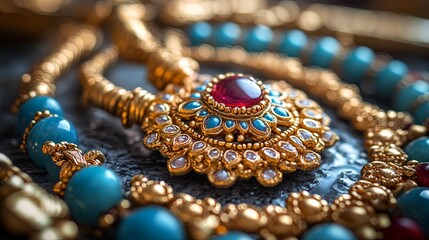 Fototapeta premium Traditional Indian jewelry for Raksha Bandhan festival showcasing intricate design and craftsmanship with colorful gemstones for a celebratory occasion