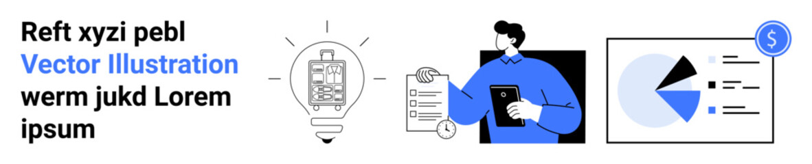 Light bulb with mobile app, person holding checklist, pie chart with data segments. Ideal for teamwork, innovation, analytics, mobile app, planning, business strategy and simple landing page