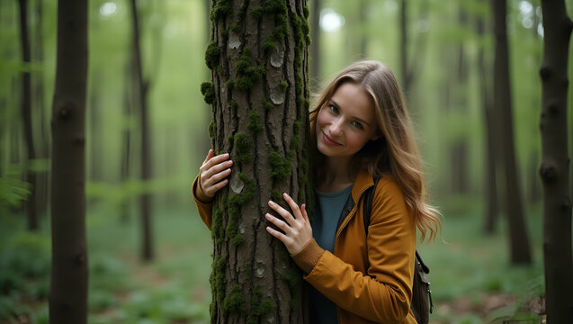 Flat Young woman tree hugging forest concept love nature protect deforestation pollution climate change concept as Woman embraces tree highlights love for nature commitment to stopping deforestation a