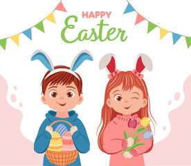 Cute children with basket of Easter eggs, bouquet of flowers. Easter card vector template.