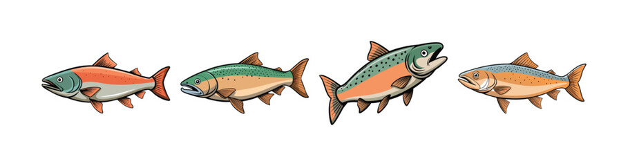Set of Dynamic Atlantic Salmon Colorful Art Presentation