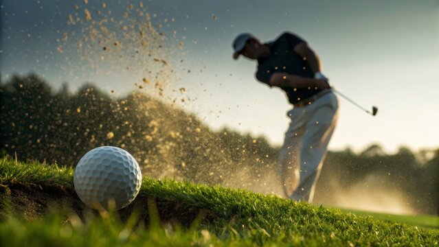 A dramatic close-up of a golf ball in mid-air after a swing capturing the excitement of the game - Powered by Adobe