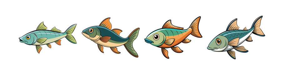 Set of Ayu Fish Colorful Outline Illustration for Nature
