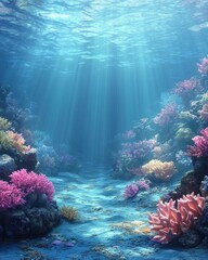 Vibrant underwater scene featuring colorful coral reefs and sun rays illuminating the ocean floor creating a serene and captivating aquatic environment