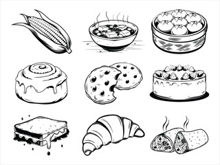 Vintage sketch set of food icons including bread, pizza, and burger illustrations