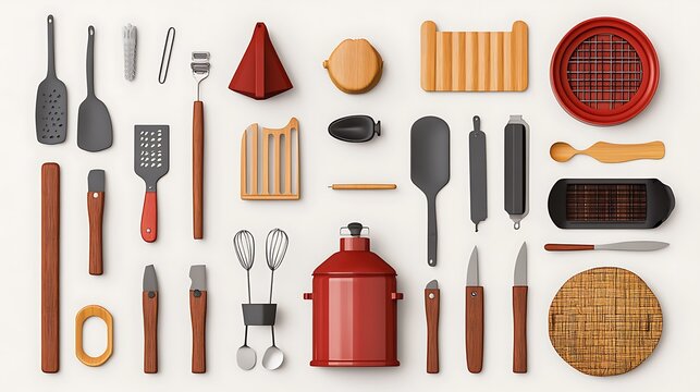 Red & Wood Kitchen Utensil 3D Render: A Flat Lay Collection AI Generated
