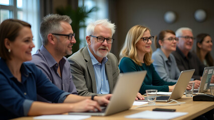 Engaging older adults participating in a tech workshop staying connected and embracing modern skills in a collaborative environment. concept as Active older adults engaged in a tech workshop learning 