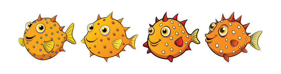 Set of Charming Boxfish Colorful Artistic Representation