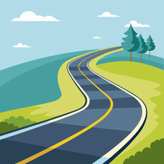 An empty asphalt highway line leads a long summer journey through a rural mountain landscape under a vast sky