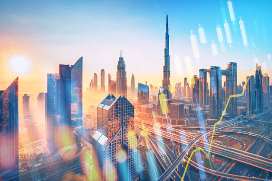 Dubai skyline at sunset with Burj Khalifa - aerial view, United Arab Emirates