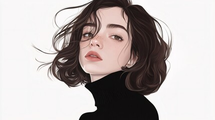Naklejka premium Stylish young woman with turtleneck and freckles posing with wind blown hair
