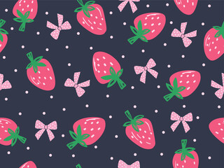 BOW TIE AND STRAWBERRY CONVERSATIONAL SEAMLESS PATTERN ALL OVER PERINT WITH DARK BLACK AND POLKA DOTS BACKGROUND VECTOR ILLSUTRATION