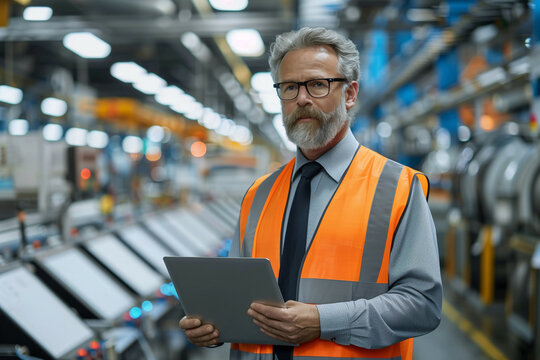 Confident senior engineer wearing safety vest and holding tablet in high-tech modern industrial factory for production management and quality control