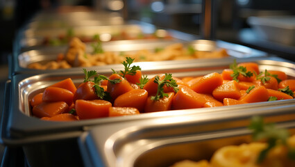 Catering Buffet Food with Heated Trays: A Stunning Display of Delicious Dishes Ready for Service at Your Event - Perfect for Stock Photos with Space for Text